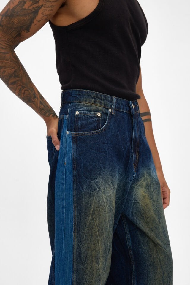 Erkek Baggy Jean Pantolon İndigo Kontrast Yıkamalı Rahat Kalıp