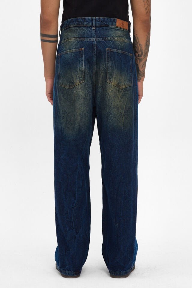 Erkek Baggy Jean Pantolon İndigo Kontrast Yıkamalı Rahat Kalıp