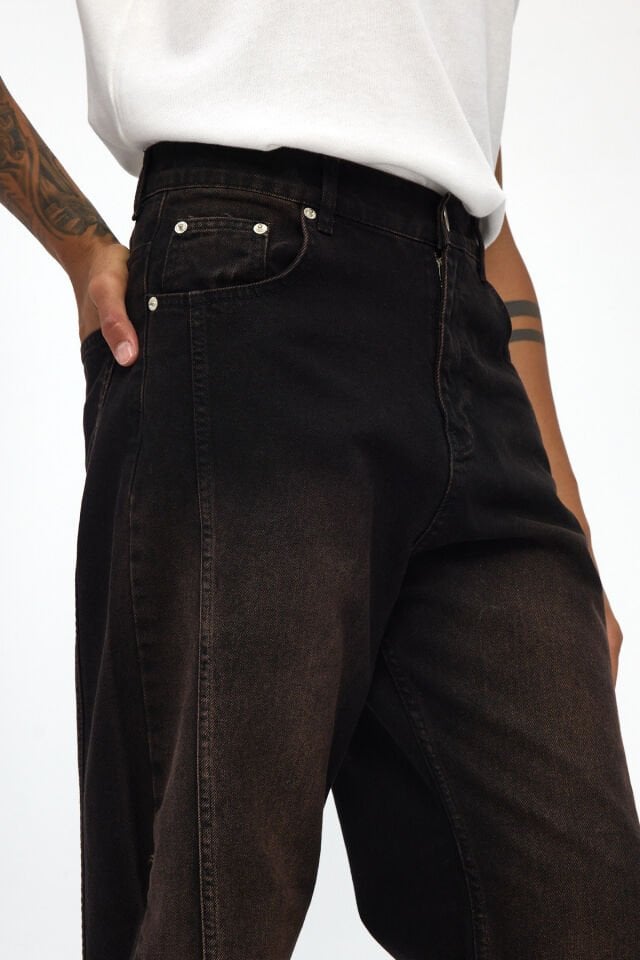 Erkek Baggy Jean Pantolon Kızıl Tintli Yıkamalı Siyah Jean