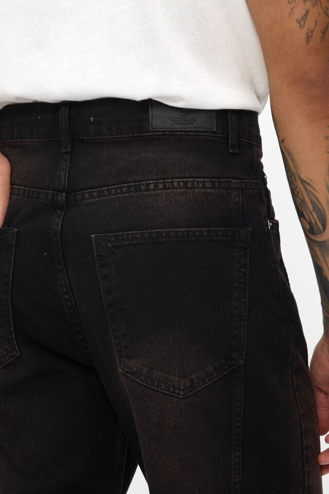 Erkek Baggy Jean Pantolon Kızıl Tintli Yıkamalı Siyah Jean