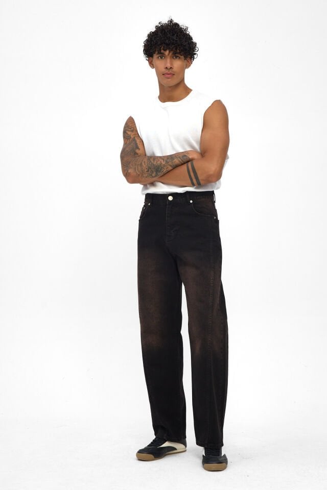Erkek Baggy Jean Pantolon Kızıl Tintli Yıkamalı Siyah Jean