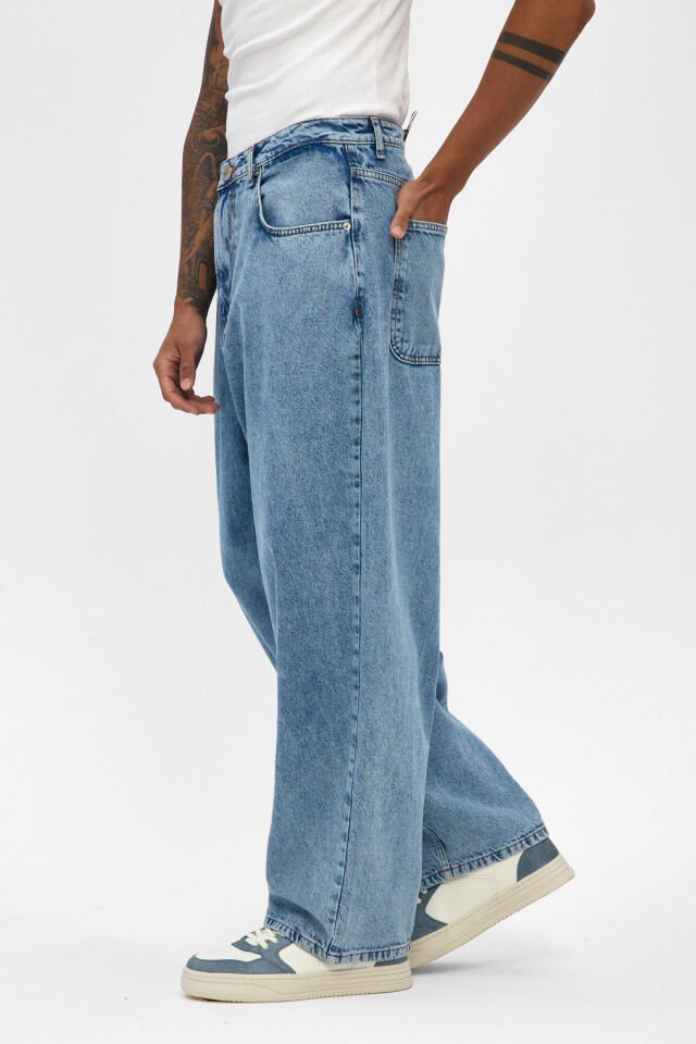 Erkek Wide Baggy Jean Pantolon Açık Mavi Rahat Kalıp