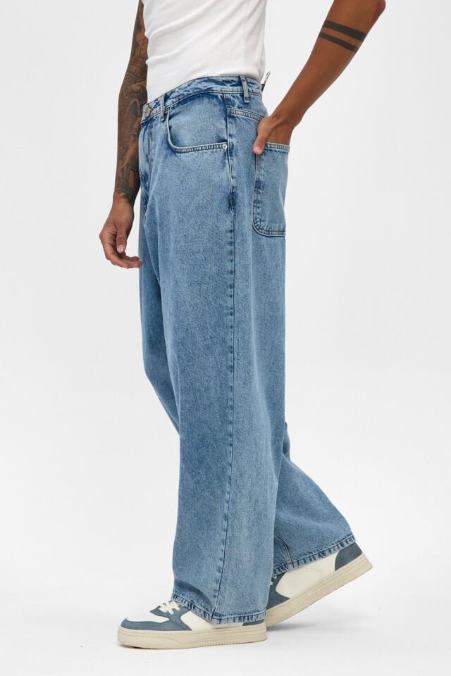 Erkek Wide Baggy Jean Pantolon Açık Mavi Rahat Kalıp