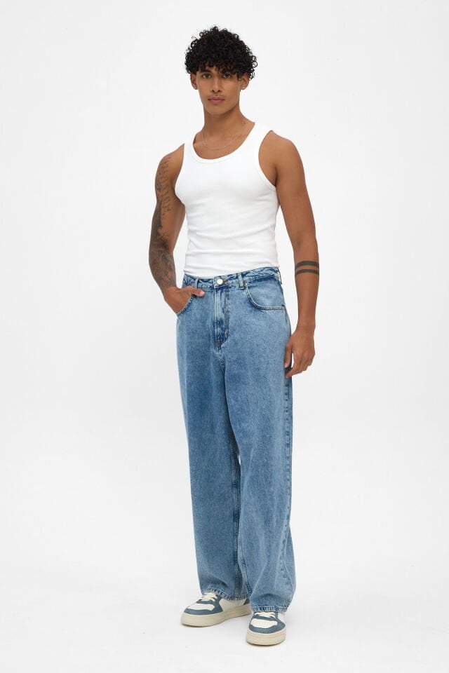 Erkek Wide Baggy Jean Pantolon Açık Mavi Rahat Kalıp