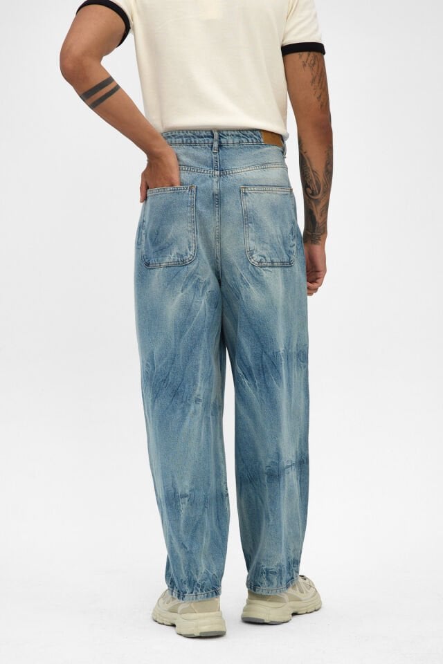 Açık Mavi Erkek Jean Pantolon Wide Baggy Kırışık Efektli Rahat Kalıp