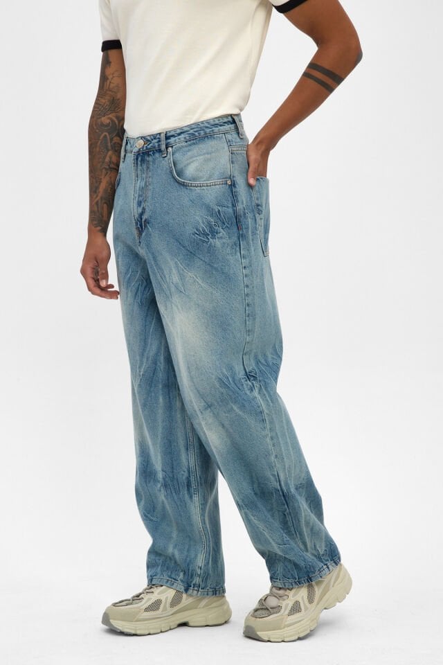 Açık Mavi Erkek Jean Pantolon Wide Baggy Kırışık Efektli Rahat Kalıp