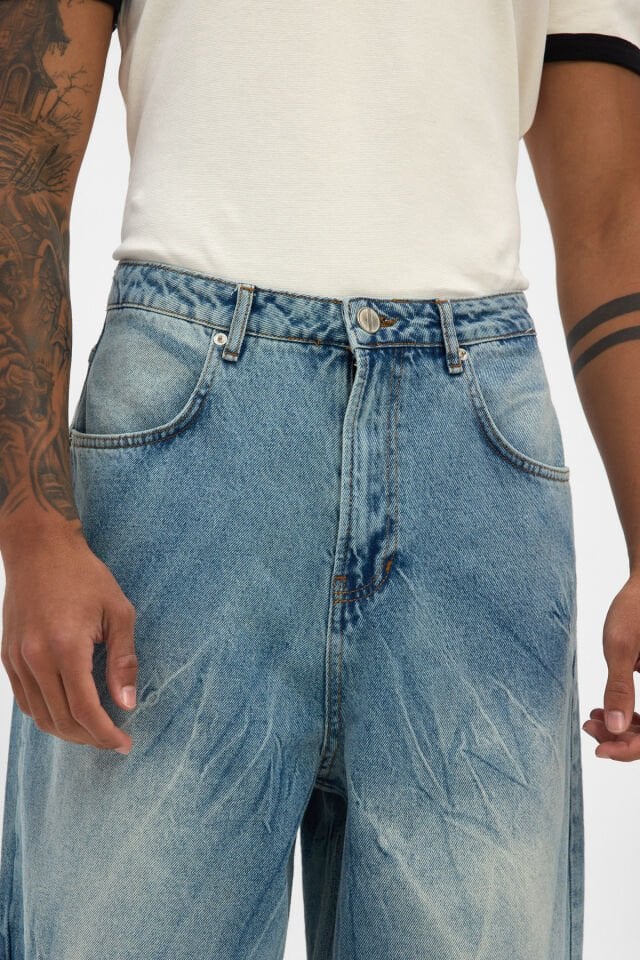Açık Mavi Erkek Jean Pantolon Wide Baggy Kırışık Efektli Rahat Kalıp