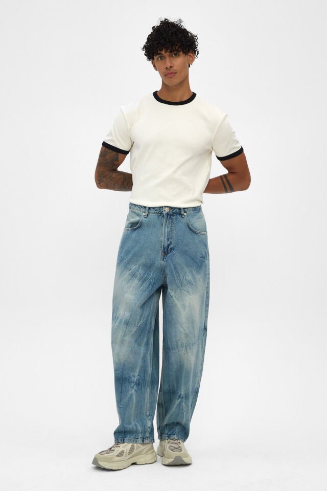 Açık Mavi Erkek Jean Pantolon Wide Baggy Kırışık Efektli Rahat Kalıp