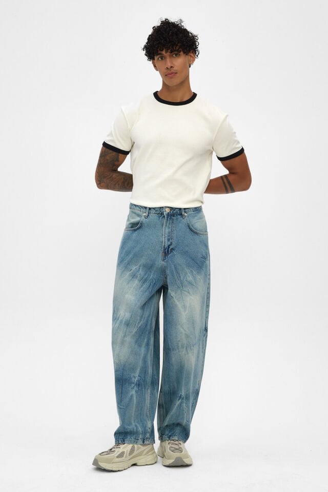 Açık Mavi Erkek Jean Pantolon Wide Baggy Kırışık Efektli Rahat Kalıp