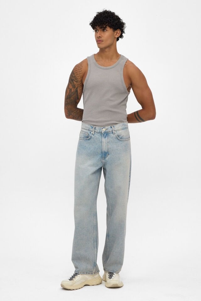 Kar Yıkamalı Erkek Jean Pantolon Açık Mavi Loose Fit