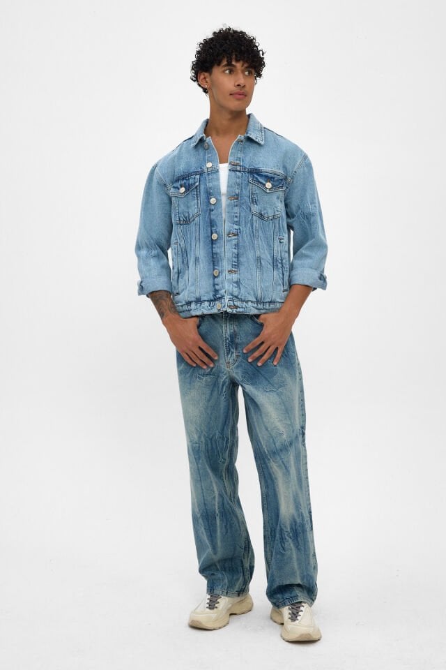 Erkek Denim Ceket Açık Mavi Bağlama Efektli Rahat Kalıp
