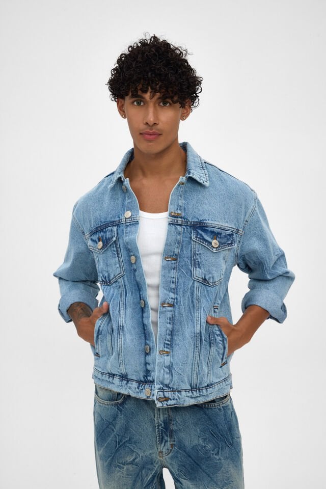 Erkek Denim Ceket Açık Mavi Bağlama Efektli Rahat Kalıp