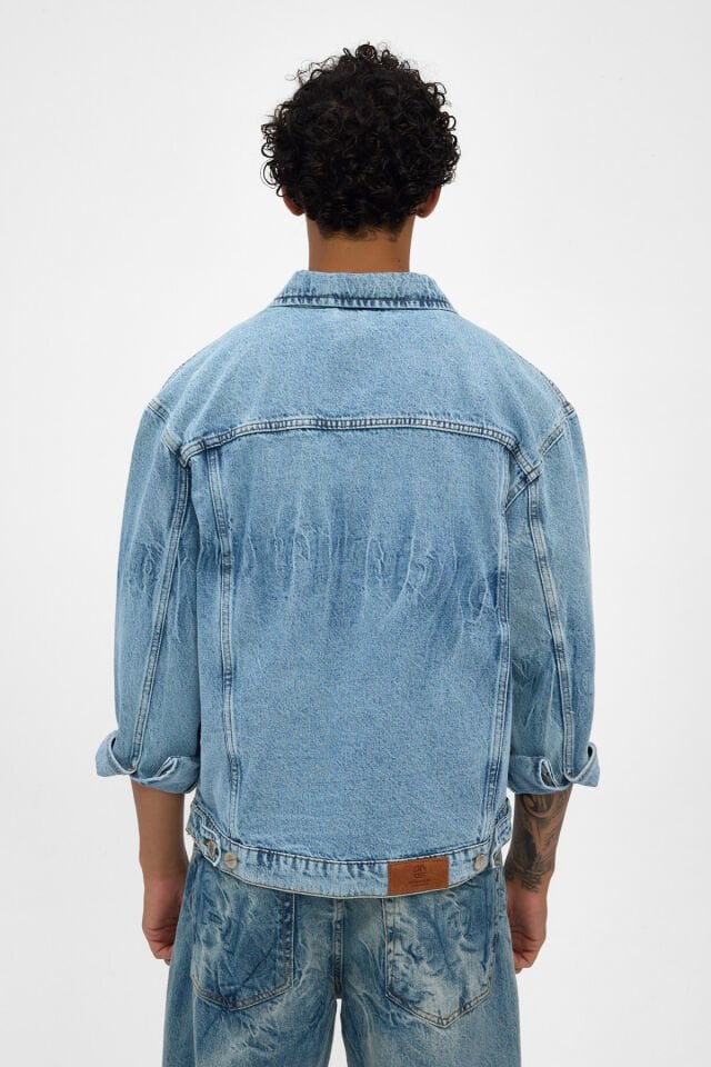 Erkek Denim Ceket Açık Mavi Bağlama Efektli Rahat Kalıp