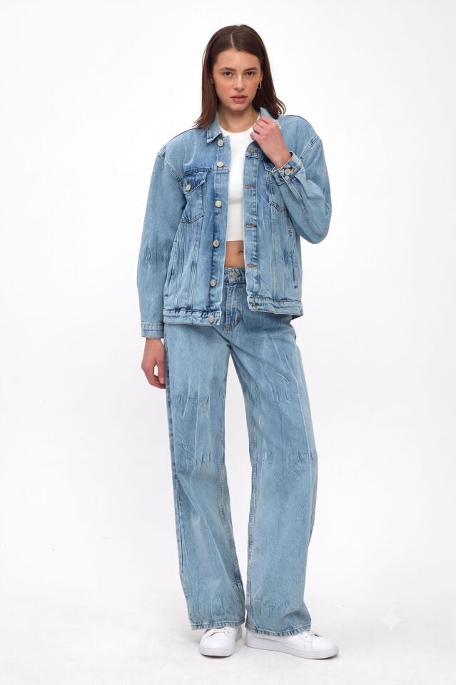 Kadın Denim Takım Açık Mavi Bağlama Efektli Ceket Wide Leg Pantolon