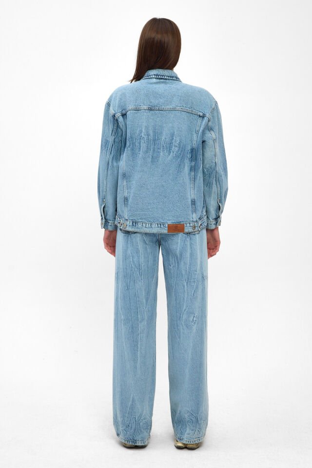 Kadın Denim Takım Açık Mavi Bağlama Efektli Ceket Wide Leg Pantolon