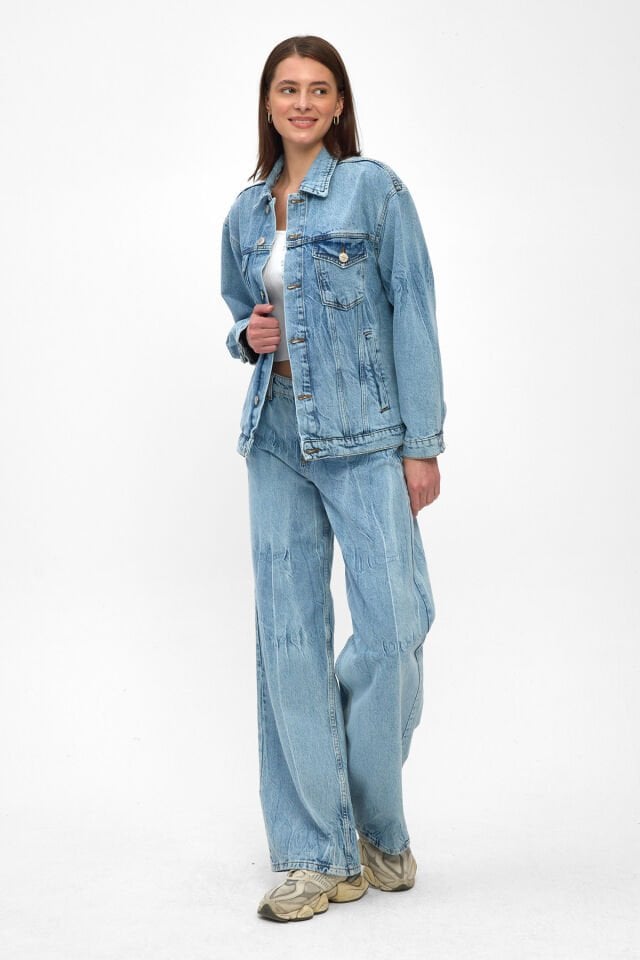 Kadın Denim Takım Açık Mavi Bağlama Efektli Ceket Wide Leg Pantolon