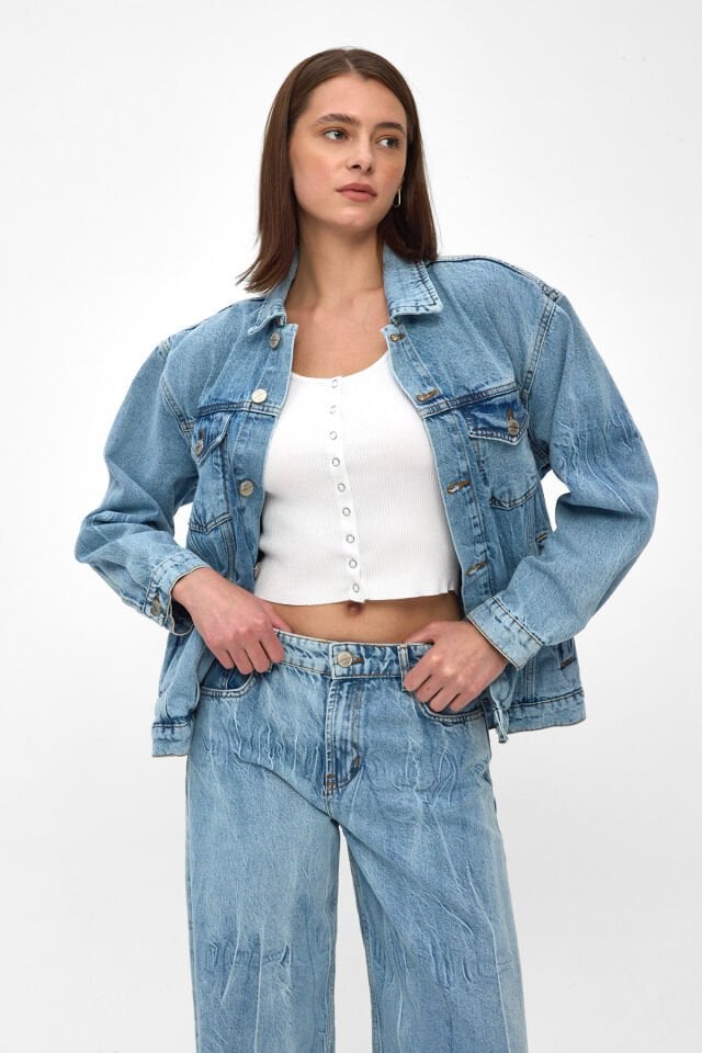 Kadın Denim Takım Açık Mavi Bağlama Efektli Ceket Wide Leg Pantolon