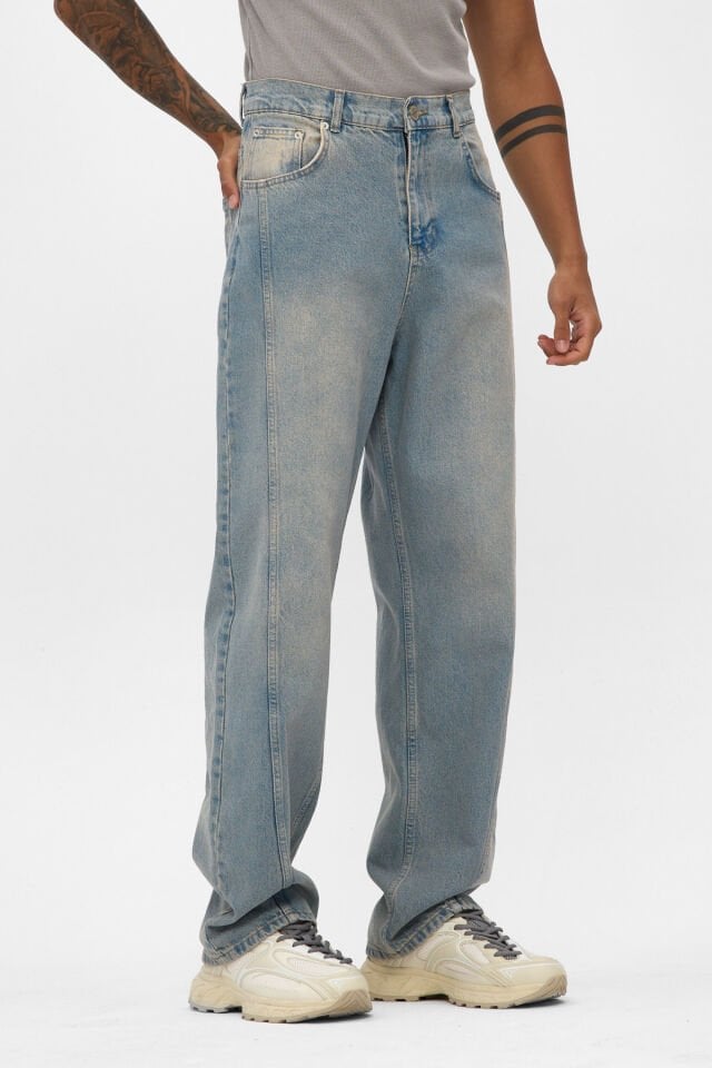 Erkek Baggy Jean Pantolon Açık Mavi Yıkamalı Rahat Kalıp