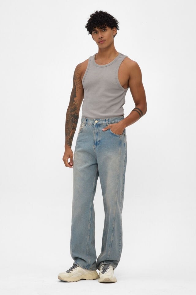 Erkek Baggy Jean Pantolon Açık Mavi Yıkamalı Rahat Kalıp