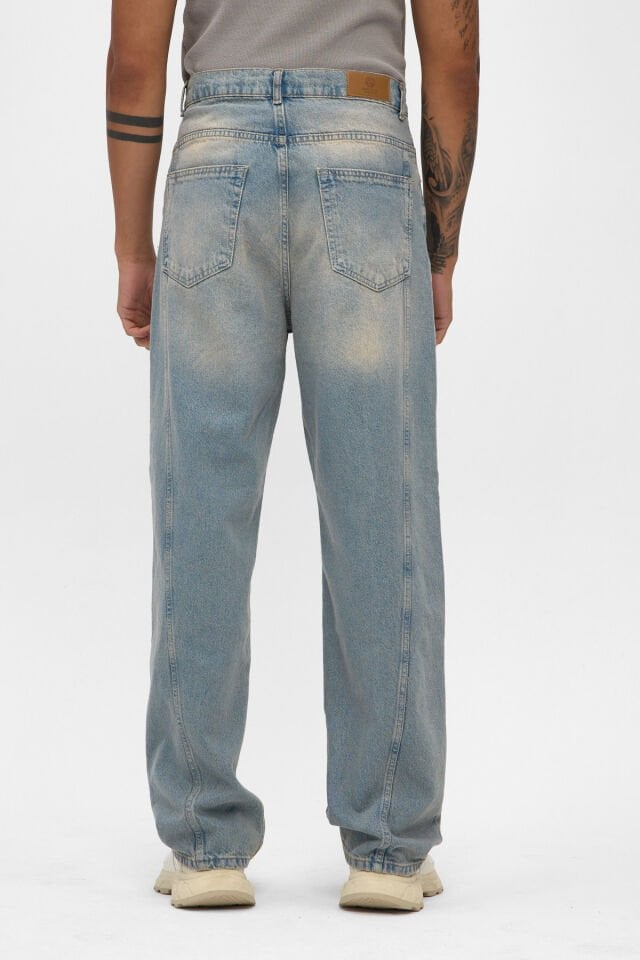 Erkek Baggy Jean Pantolon Açık Mavi Yıkamalı Rahat Kalıp
