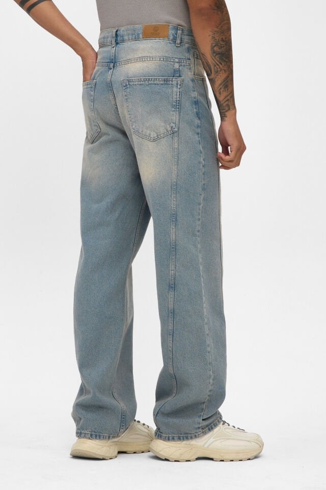 Erkek Baggy Jean Pantolon Açık Mavi Yıkamalı Rahat Kalıp