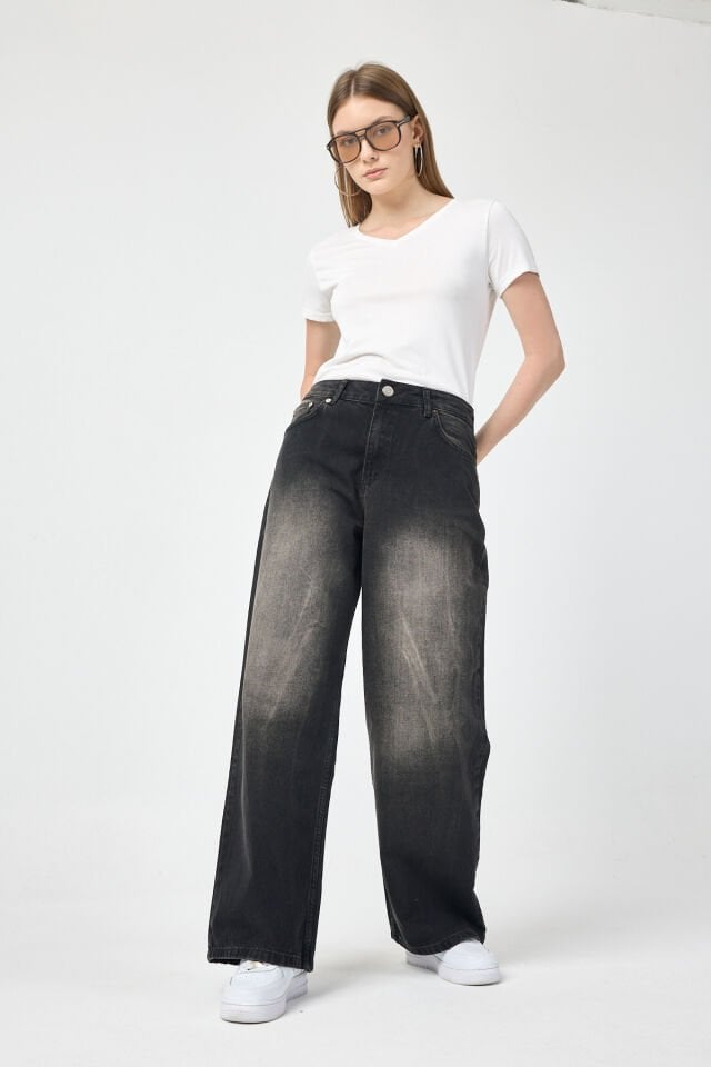 Siyah Kadın Jean Pantolon Washed Baggy