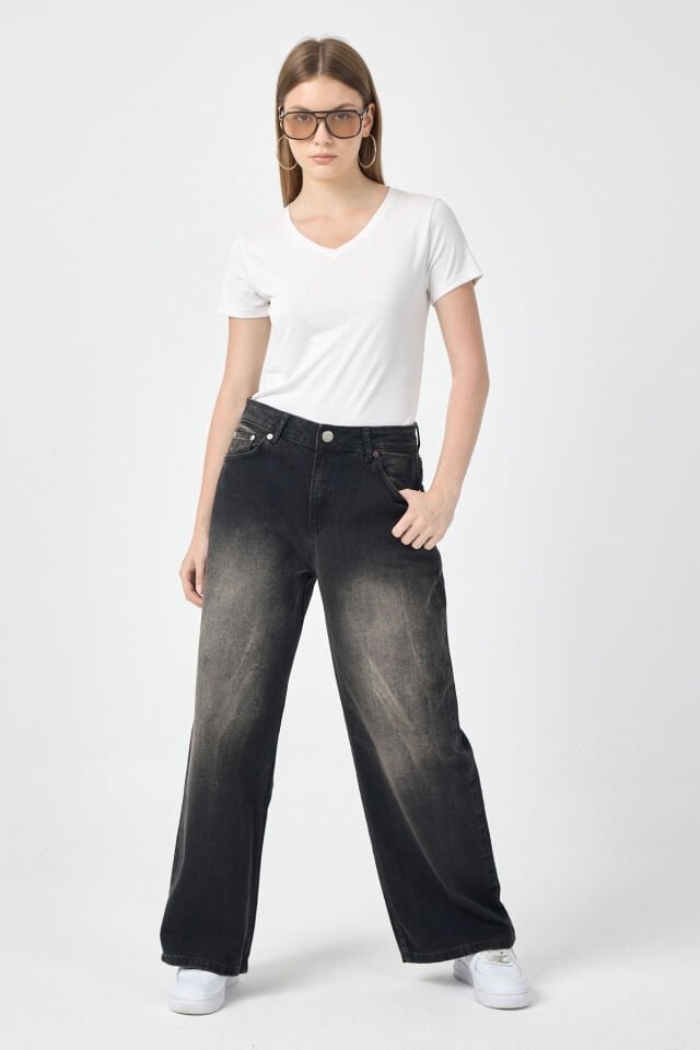 Siyah Kadın Jean Pantolon Washed Baggy
