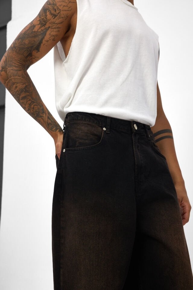 Erkek Wide Baggy Jean Kızıl Tintli Denim Pantolon