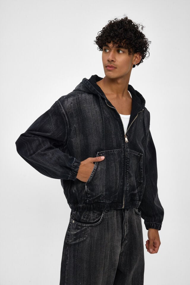 Black Brush Erkek Denim Hoodie