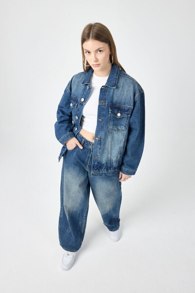 Kadın Oversize Denim Ceket Indigo Fade