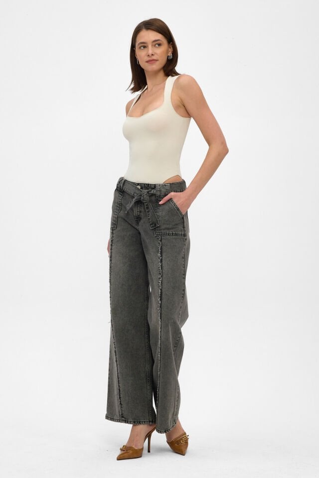Kadın Yüksek Bel Wide Leg Jean Pantolon Antrasit Fade