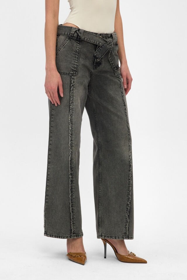 Kadın Yüksek Bel Wide Leg Jean Pantolon Antrasit Fade