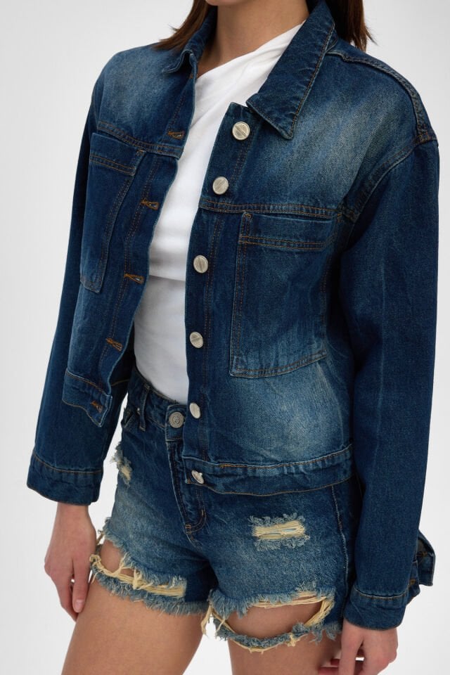 Aura Fade İndigo Oversize Kadın Denim Ceket