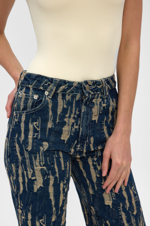 Kadın Jakarlı Wide Leg Jean Pantolon İndigo