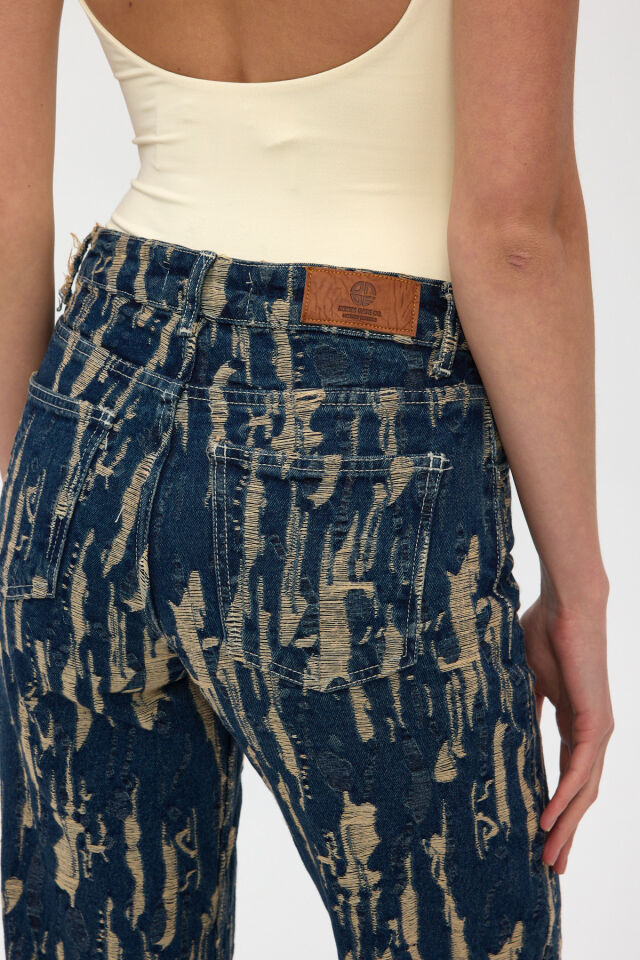 Kadın Jakarlı Wide Leg Jean Pantolon İndigo