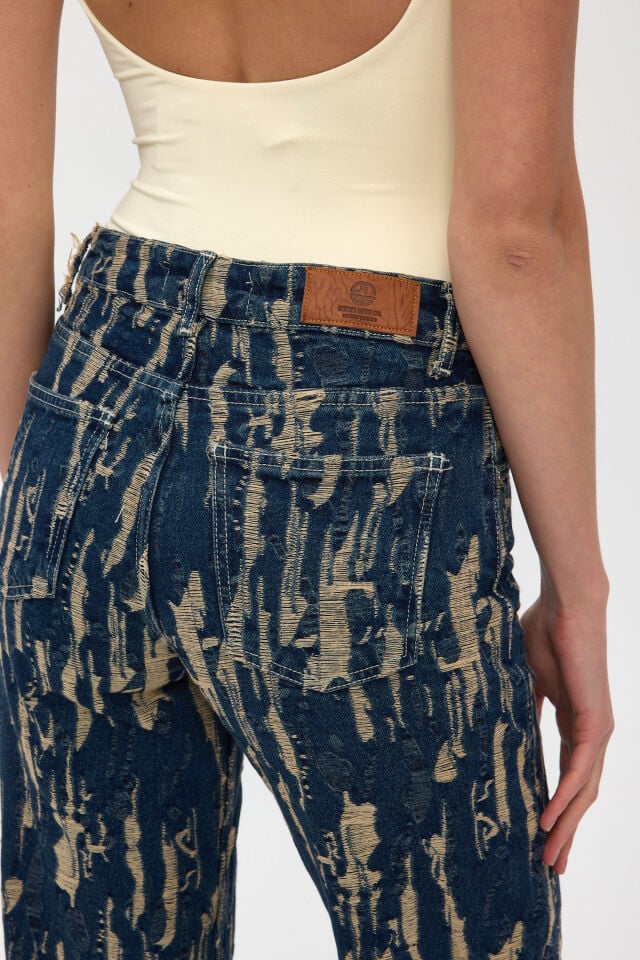 Kadın Jakarlı Wide Leg Jean Pantolon İndigo