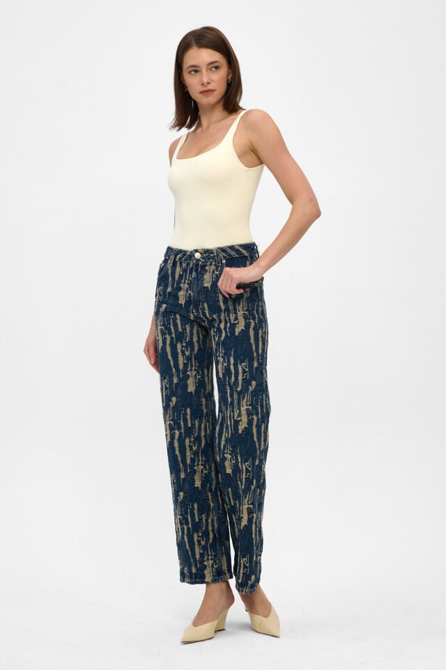 Kadın Jakarlı Wide Leg Jean Pantolon İndigo